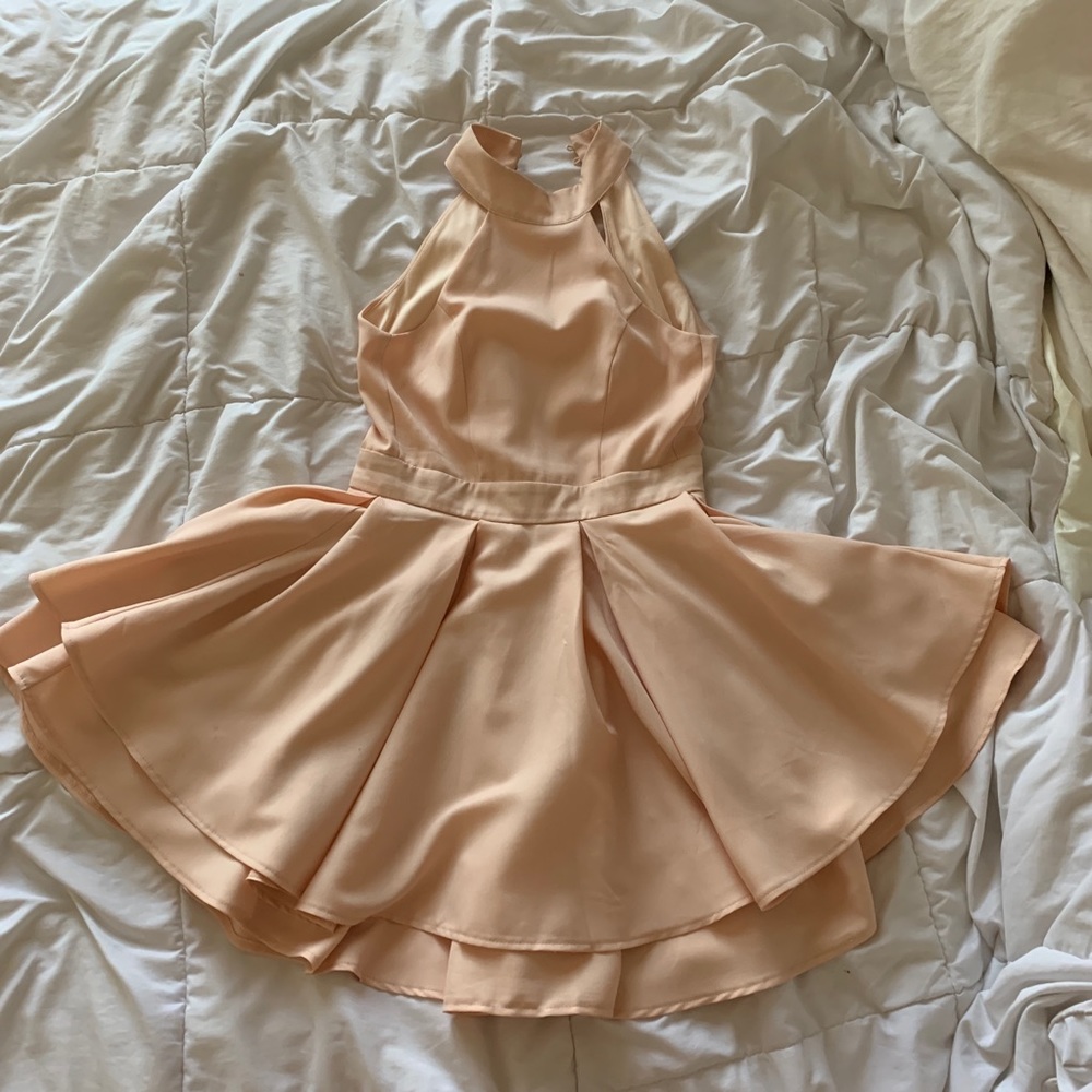 Pink high neck backless skater dress